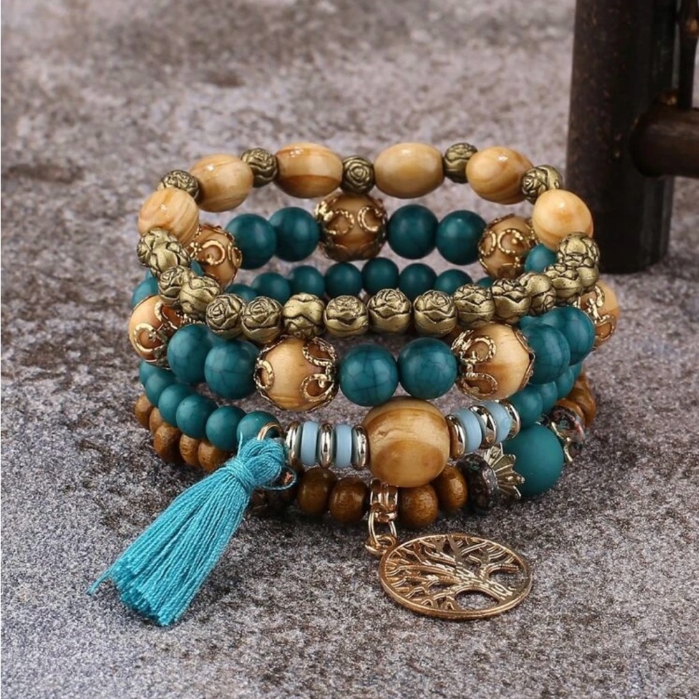 Blue and Gold Layered Bracelets with Tree Charm